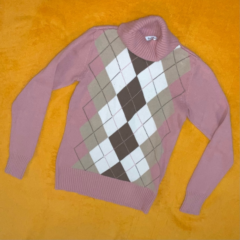 LIZ & CO turtle neck argyle print sweater